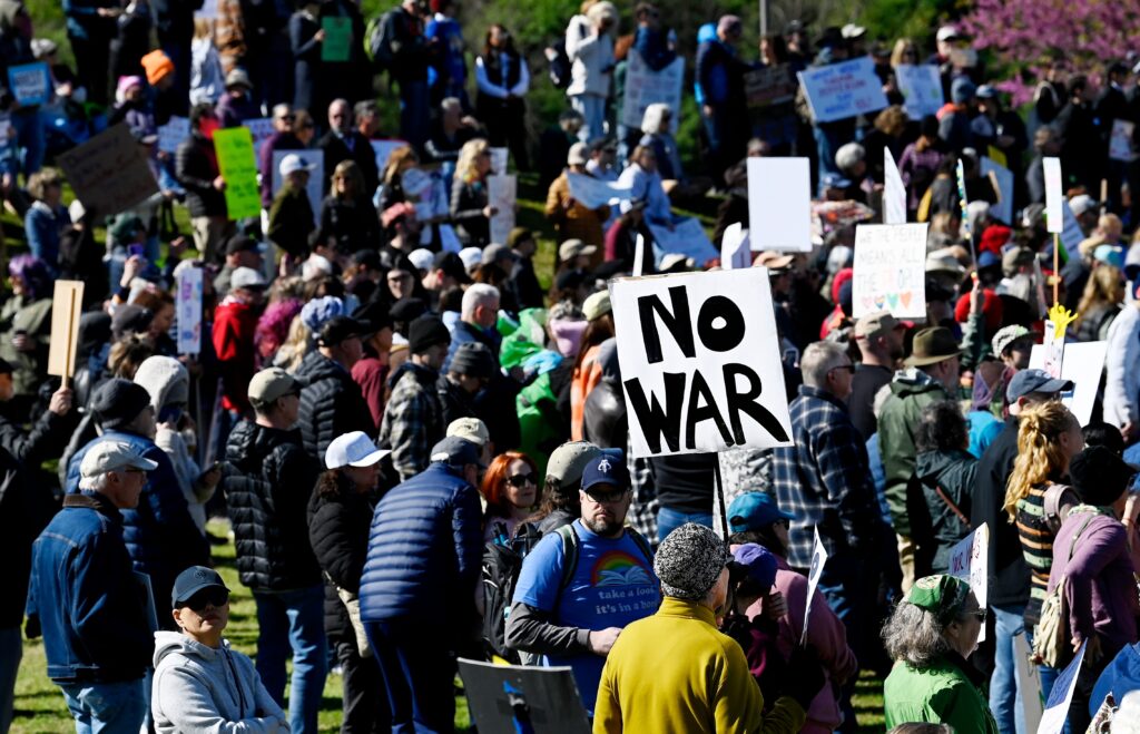 Demonstrators gather at Wasioto Park during a “No Kings” protest on Saturday, March 28, 2026, in Nashville, Tenn. The protest was one of hundreds nationwide opposing President Donald Trump and his administration.