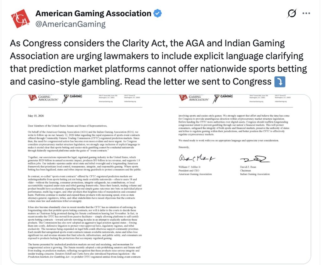 The American Gaming Association (AGA) and Indian Gaming Association (IGA) have been actively lobbying Congress to restrict prediction markets
