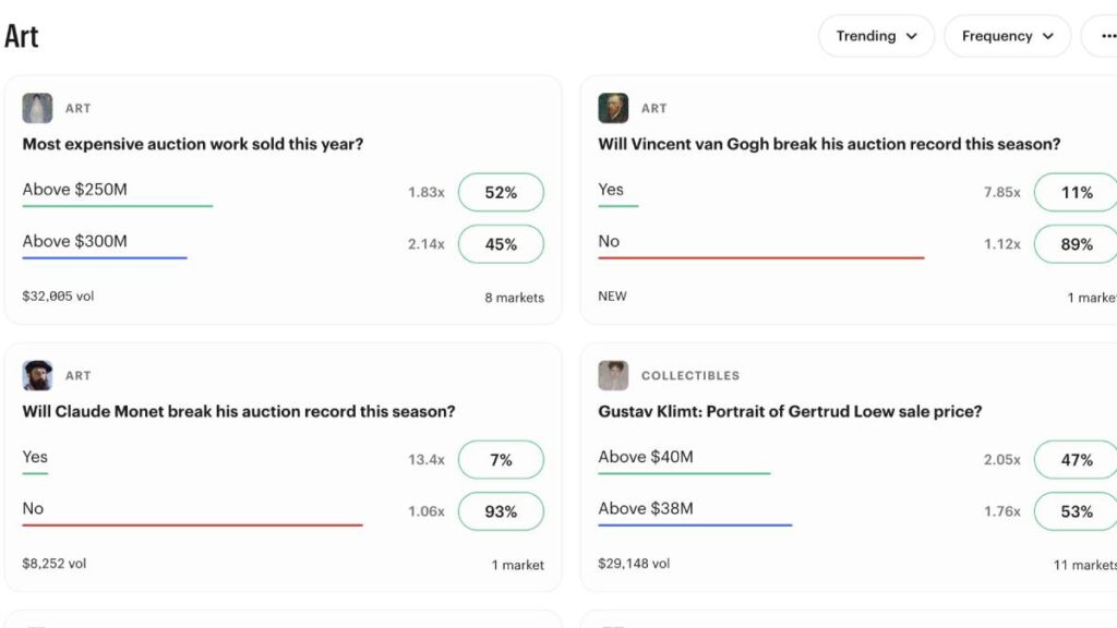 Kalshi Art Markets page showing prediction contracts tied to fine art auction results, including lot sale prices and total values from major auction houses like Sotheby’s and Christie’s, designed for collectors, investors, and traders to speculate or hedge using regulated markets.