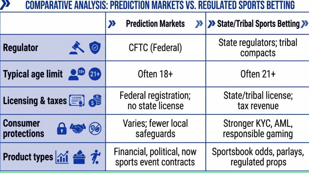 Prediction markets are primarily regulated federally by the CFTC (Commodity Futures Trading Commission) under the Commodity Exchange Act. They traditionally focused on financial, political, or economic events. Starting around early 2025, some began offering sports-related "event contracts"