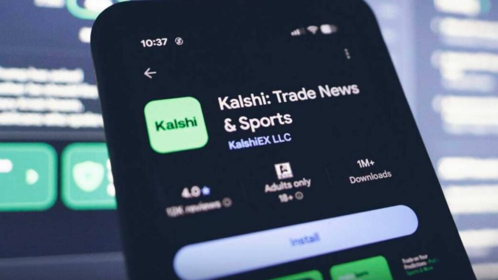 Kalshi prediction market website shown on a smartphone screen. The Nevada Gaming Control Board is in a legal battle with the company.