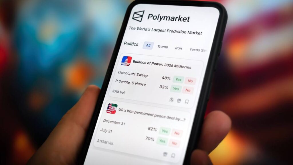 Mobile screen showing a prediction market app with event contracts on sports and politics
